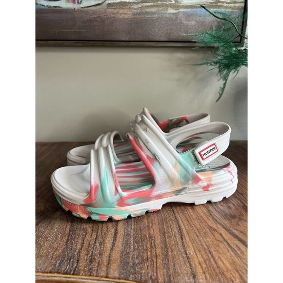 Hunter Shoes - Free People Hunter Bloom Marble Aqua Coral Sandal, Size US 7/EUR 38